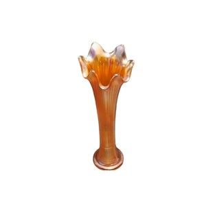 Vintage Fine Rib Carnival Glass Swung Vase Marigold Amber Fluted Mid Century Mod